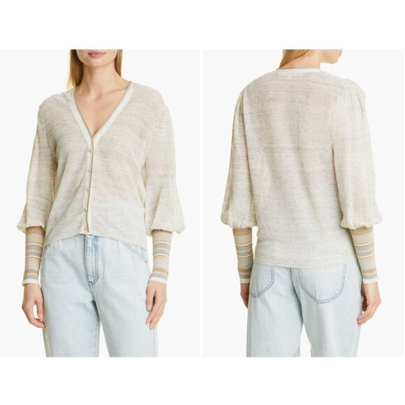 Veronica Beard Mott Linen Cardigan Beige Gray XS Designer Contrast Trim Ribbed - Picture 5 of 16